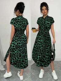 Leopard Print Front Button Shirt Belt Bow Shirt For Women
