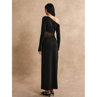 Women's Solid-Color Off-Shoulder Long-Sleeve Lace Dress