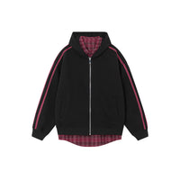Spliced Plaid Blouse Hooded Cardigan Coat
