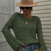 Solid Color Crochet Hollow-out Round Neck Loose Sweater Women