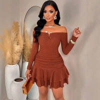 Off-the-shoulder Long-sleeve Waist-cinching Ruffle-trimmed Mini Skirt