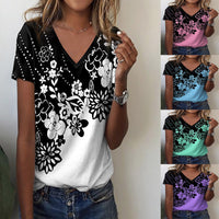 Women's Flower Printed V-neck Short-sleeved Printed T-shirt
