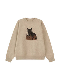 Cartoon Printed Round Neck Loose Long Sleeves Knitted Sweater