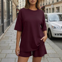 Round-neck Casual Loose-fitting Short-sleeve Shorts Womens Set