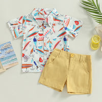 Boy Short Sleeve Printed Shirt Solid Color Shorts Casual Two-piece Suit