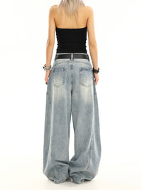 Summer American Retro Washed Distressed Loose Straight Leg Wide Leg Pants