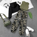 Girls' Cropped Hoodie Rib Vest Camouflage Full Printed Sweatpants Three-piece Set