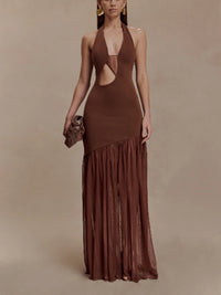 Body-hugging Backless Mesh-embellished Pleated Sexy Dress