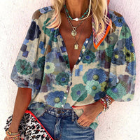 Women's V-neck Long Sleeve Stand Collar Printed Sweet Blouse