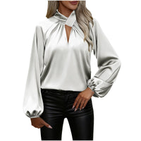 Womens Satin V-Neck Long-Sleeve Loose Top