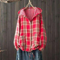 New Korean-style Oversized Artistic Retro Casual Plaid Cotton-linen Double-layer Shirt With A Hood