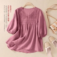 Women's V-neck Cotton And Linen Short-sleeved T-shirt Loose