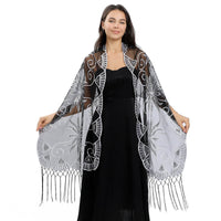 Long Sequined Embroidered Feather Shawl