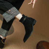 Women's Square Heel Pointed-toe Side Zip Belt Buckle Flat Ankle Boots