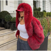 Women's Green Fur Faux Fox Fur Hooded Coat