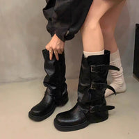 Niche Retro Chunky Heel Mid-high Tube Western Denim Pile Style Boots
