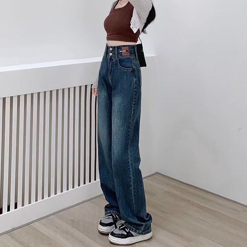 Retro High Waist Jeans Women's Straight Plus Size Wide Leg Pants