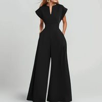 Women's Elegant Solid Color And V-neck Sleeveless Waist Wide-leg Jumpsuit