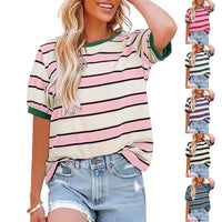 Women's Round Neck Colored Mosaic Large Striped Loose All-matching Shirt