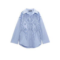 Long Sleeve Lapel Versatile Casual Top Hollow Embroidery Loose Shirt