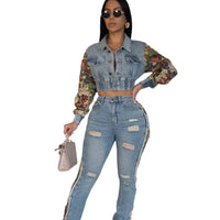 New Retro Jeans Women's Stitching Fashion Side Lace Suit