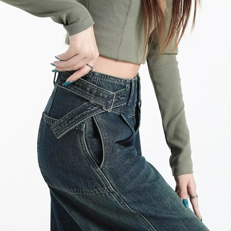 American Retro Distressed Belt Buckle High Waist Slimming Wide Leg Pants