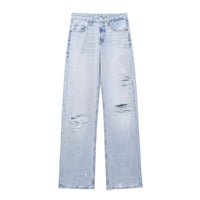 Women's Fashion Holes Decorative Mid-waist Wide-leg Jeans