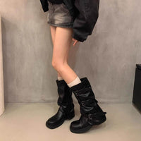 Niche Retro Chunky Heel Mid-high Tube Western Denim Pile Style Boots