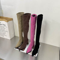 Chunky Heel High Heel Long Suede Zipper Stretch Thin Boots