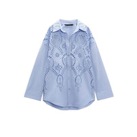 Long Sleeve Lapel Versatile Casual Top Hollow Embroidery Loose Shirt