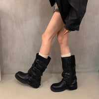 Niche Retro Chunky Heel Mid-high Tube Western Denim Pile Style Boots