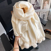 Beige Artificial Cashmere Scarf Fur Ball Winter Warm Tassel Shawl