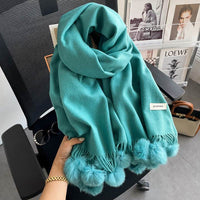 Beige Artificial Cashmere Scarf Fur Ball Winter Warm Tassel Shawl