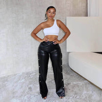 Fashion Sexy High Waist Slimming And Straight Hollow Leather Pants