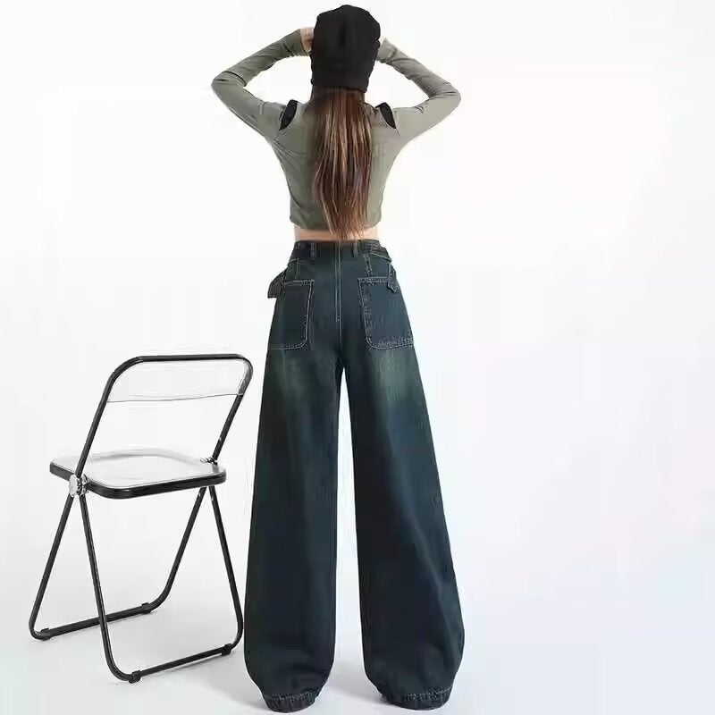 American Retro Distressed Belt Buckle High Waist Slimming Wide Leg Pants