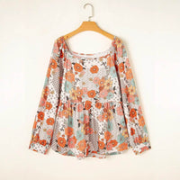 Women's Casual Loose Floral Printed Square Collar Chiffon Shirt