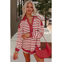Loose All-matching Striped Color Matching Drop-shoulder Long-sleeve T-shirt