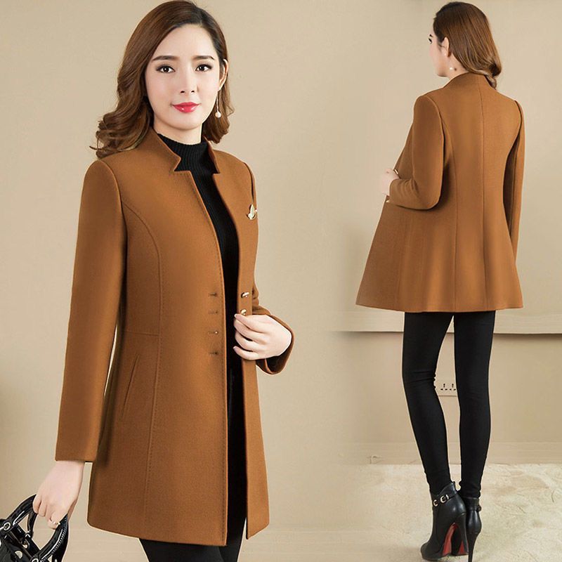 Woolen Coat Mid-length Stand Collar Coat