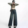 American Retro Distressed Belt Buckle High Waist Slimming Wide Leg Pants