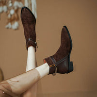 Women's Square Heel Pointed-toe Side Zip Belt Buckle Flat Ankle Boots