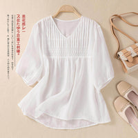 Women's V-neck Cotton And Linen Short-sleeved T-shirt Loose