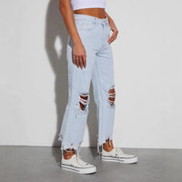 Women's Casual Loose Mid Waist Ripped Cropped Jeans