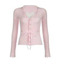 Sweet Style Lace Stitching Love Button Fake Two Pieces Sweaters Curling Top