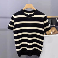Striped Knitted Round Neck Short Sleeve