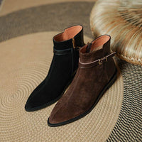 Women's Square Heel Pointed-toe Side Zip Belt Buckle Flat Ankle Boots