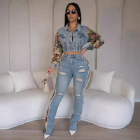 New Retro Jeans Women's Stitching Fashion Side Lace Suit