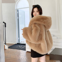 Women's Green Fur Faux Fox Fur Hooded Coat