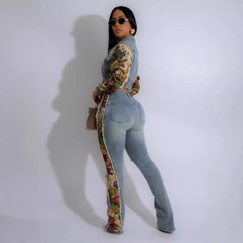 New Retro Jeans Women's Stitching Fashion Side Lace Suit