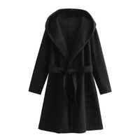 Women's Lace-up Waist Elegant Hooded Woolen Coat