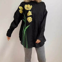 Three-dimensional Hand Crochet Knitted White Flower Printed Cotton And Linen Shirt